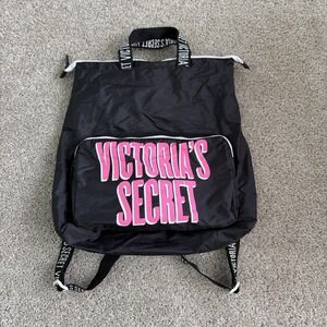 Victoria's Secret Backpack Womens Large Black Pink Logo Zip Adjustable Straps